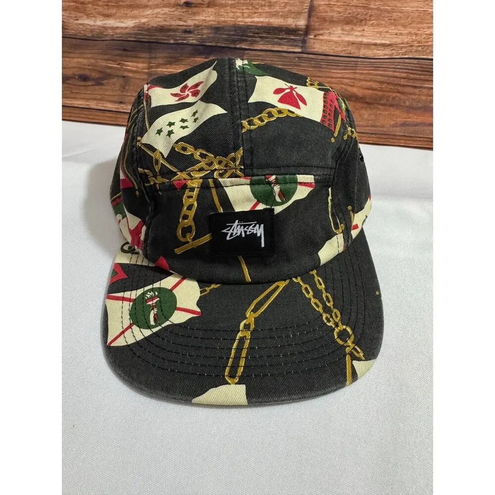 Vintage Stussy Nautical Flag 5 Panel Camp Cap Gold Chain Print Capz Hologram